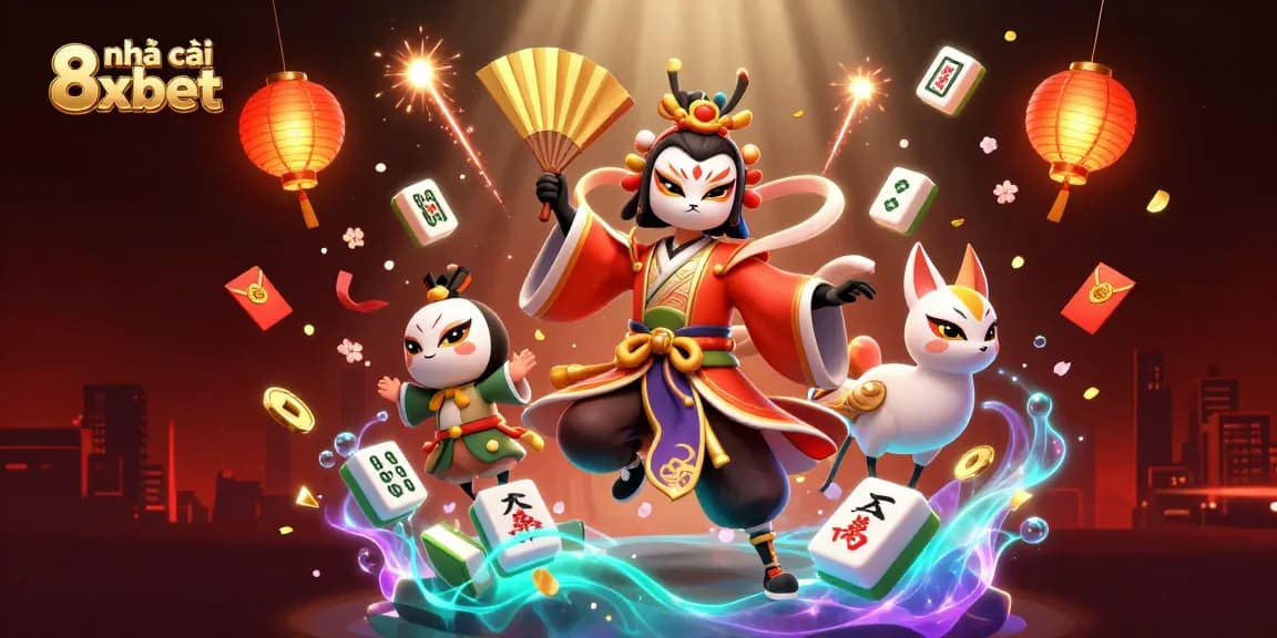 Experience the thrill at nhà cái 8xbet with energetic casino-themed 3D illustration showcasing kabuki warriors and vibrant elements.