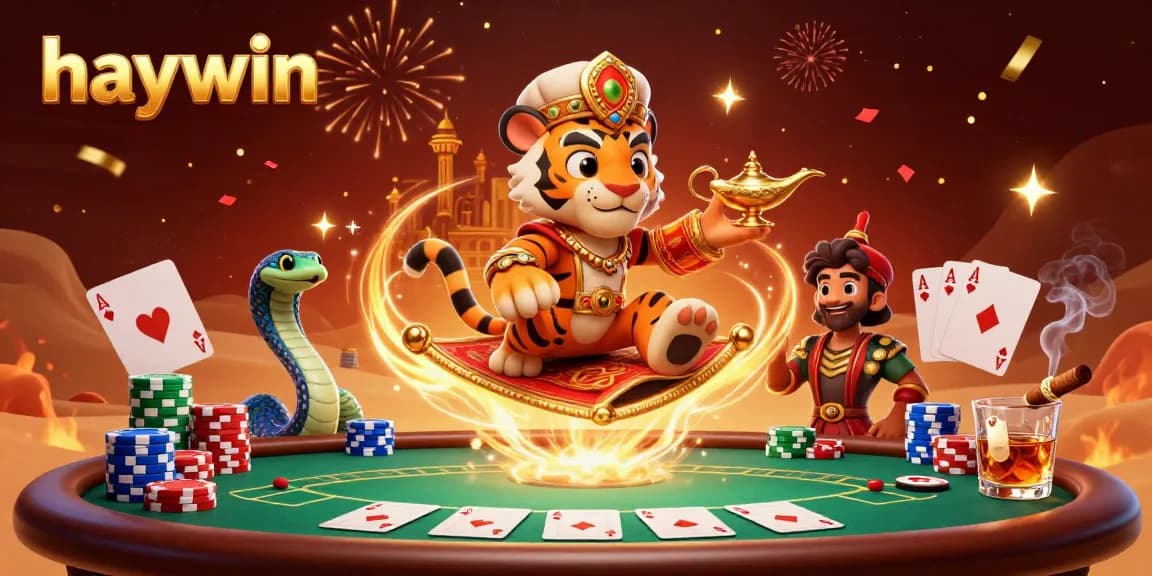 Experience the excitement of haywin with a vibrant, dynamic casino scene featuring a tiger sultan and poker elements.