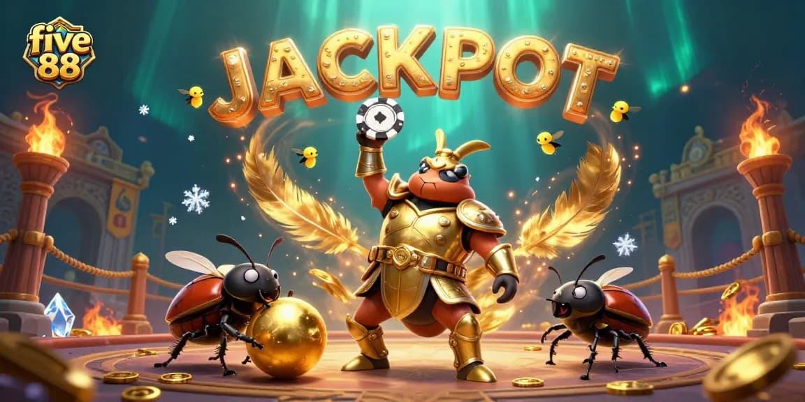 Experience the thrill of five 88 with a heroic beetle winning big in this vibrant casino scene.