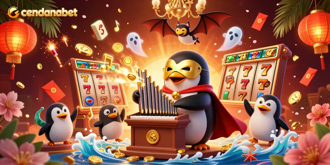 Experience the excitement of cendanabet as a penguin conjures coins at a vibrant casino scene.