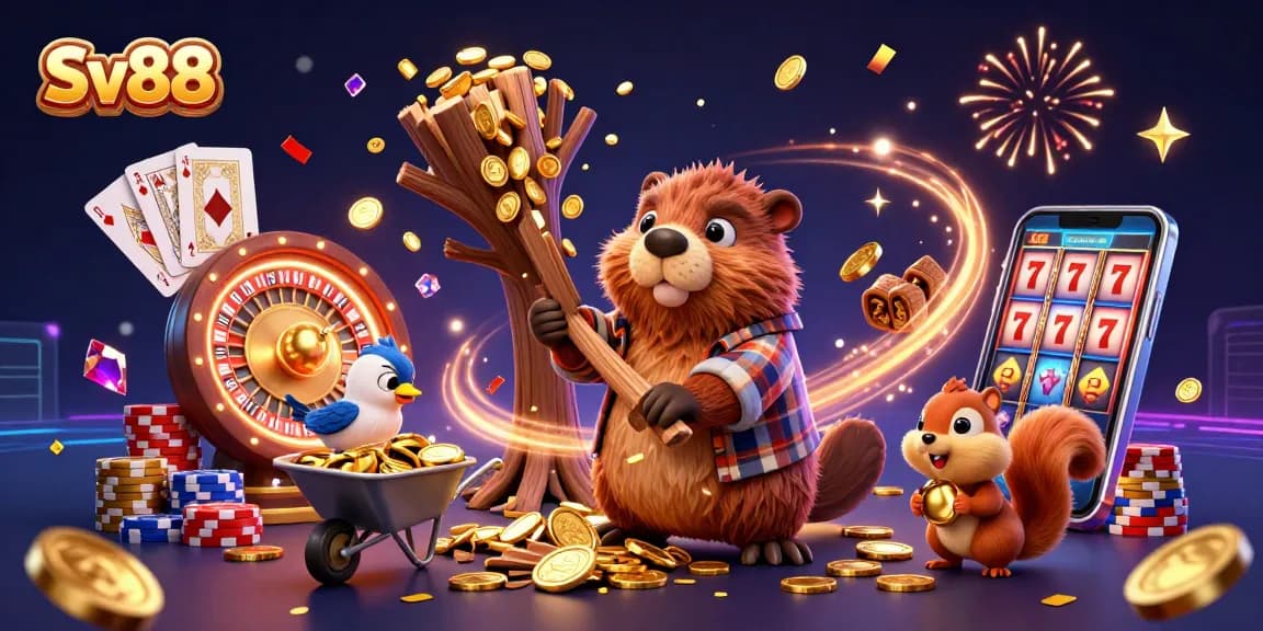 Experience exciting casino action with Sv88, featuring a beaver, bird, and squirrel amidst swirling coins!