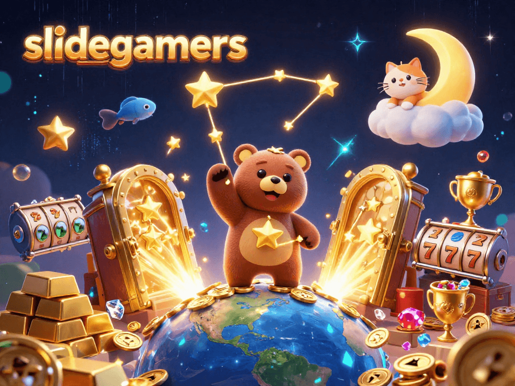 Engage with slidegamers in this energetic online casino scene, filled with vibrant slot reels and treasures.