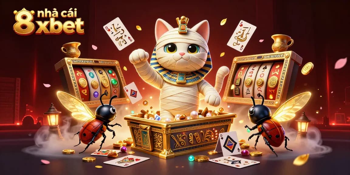 Engage in exciting gaming adventures with nhà cái 8xbet, featuring a 3D cartoon Egyptian mummy cat and vibrant casino elements.