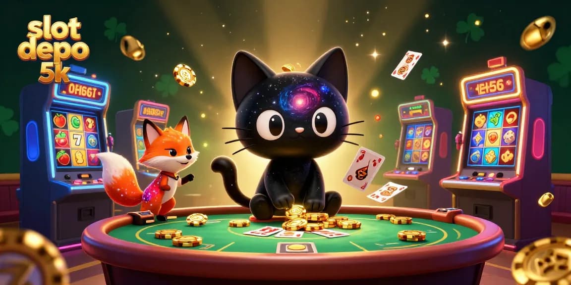 Play slot depo 5k with a colorful cosmic casino scene featuring a black hole cat and vibrant slot machines.