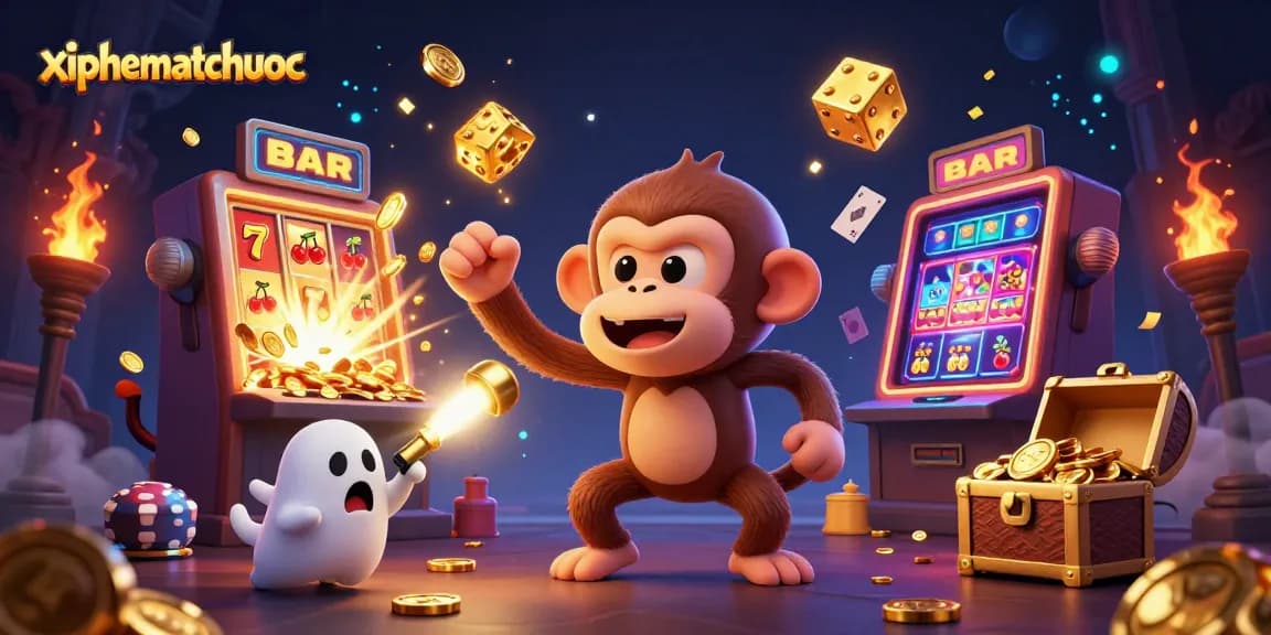 xiphematchuoc showcases a thrilling 3D casino scene with a playful poltergeist monkey and a curious puppy amidst a jackpot explosion.