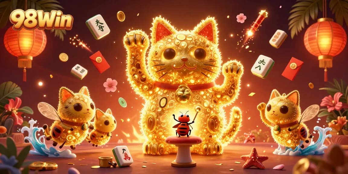 Experience the thrilling world of 98Win with a lively golden cat and conductor beetle in a vibrant casino scene.