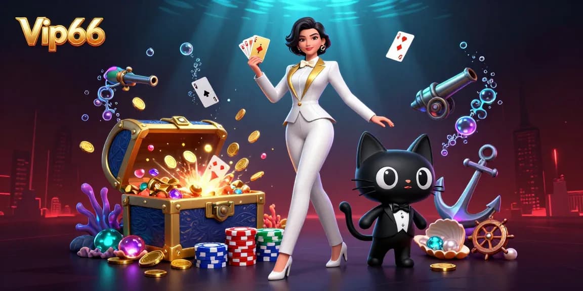 Experience the thrilling world of Vip66 with a glamorous online casino scene featuring a tuxedoed woman and vibrant marine treasures.