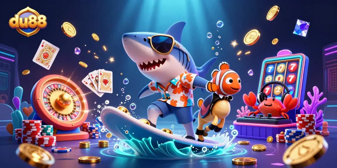 Experience du88 excitement with a vibrant scene of casino action featuring a shark and coins.
