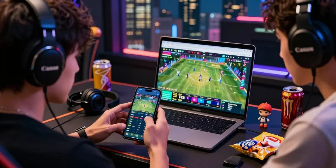 LUCK8 engaging online gaming scene with player focused on sports betting application and dynamic gaming setup.