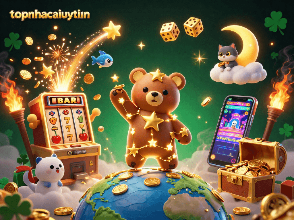 Experience thrilling wins at topnhacaiuytinn with this vibrant 3D casino scene featuring golden elements.