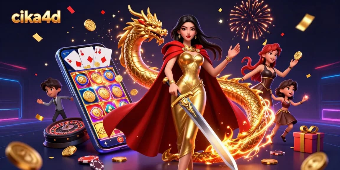 Engage in thrilling gameplay at cika4d with a stunning warrior queen amidst vibrant casino scenes.