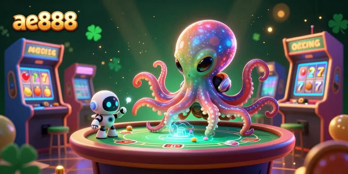 Engage in thrilling gaming at ae888 with a lively scene of an alien octopus and robot at a holographic poker table.