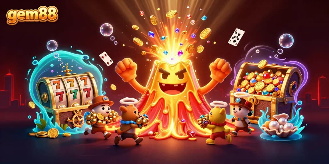 Experience the thrill of gem88 with a stunning illustration featuring treasure, excitement, and gaming elements.