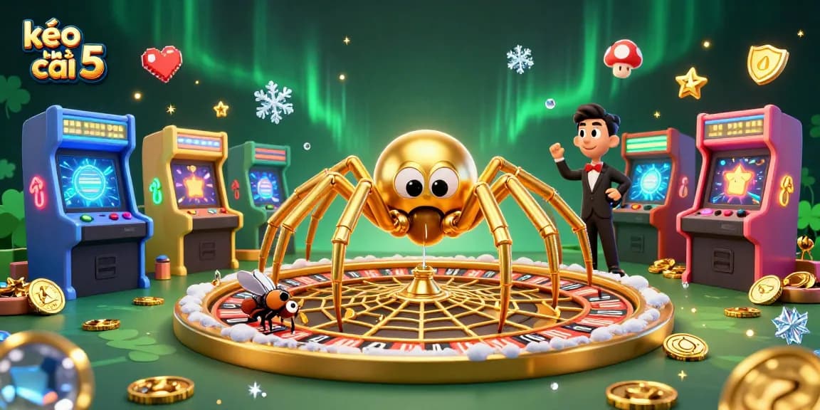 Engage with kèo nhà cái 5 in a vibrant casino-themed scene featuring a spider and croupier.