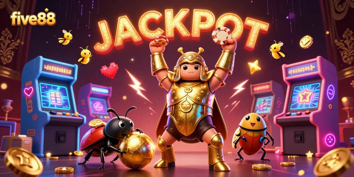 Experience five88's winning spirit with ultra-detailed 3D cartoon beetles celebrating jackpots amidst vibrant gaming elements.