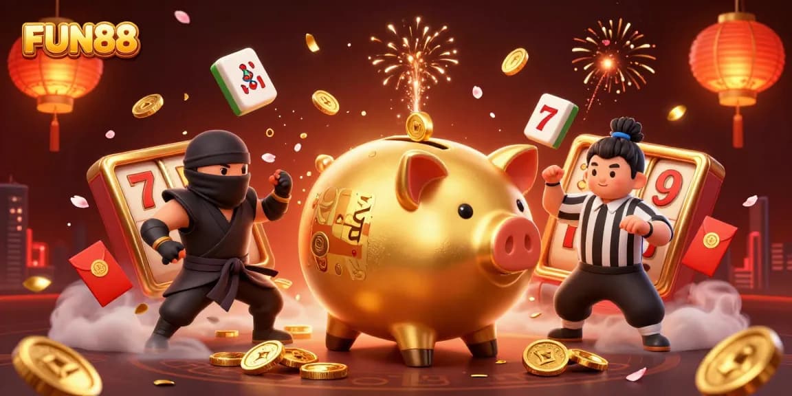 Experience FUN88's vibrant 3D casino scene with a golden piggy bank sumo wrestler and exciting game elements.