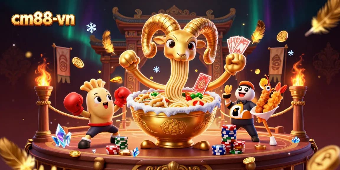 Engage with cm88-vn's dynamic casino scene featuring golden ramen dealer and game elements.