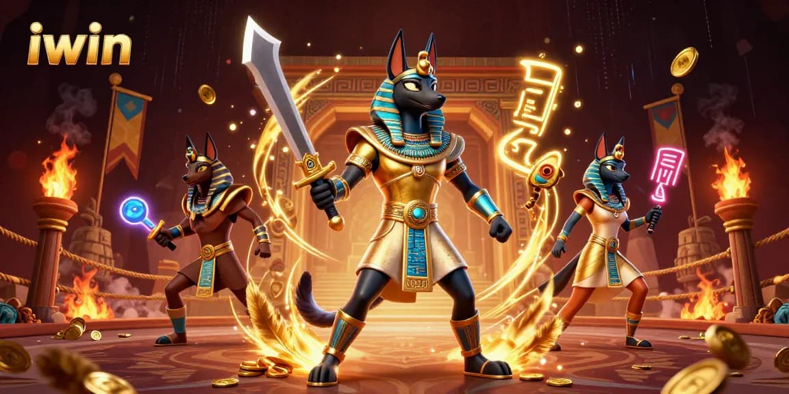 Engage with iwin's thrilling 3D casino scene featuring Anubis and Bastet amidst swirling golden elements.