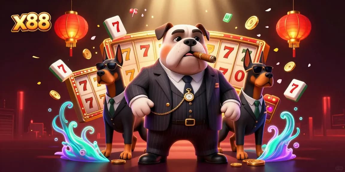 Experience x88's thrilling world of casino games with vibrant slot reels and action-packed atmosphere.
