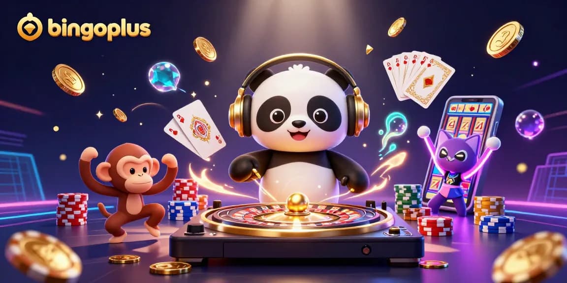 Experience the excitement of bingoplus with a DJ panda and vibrant casino elements in this dynamic scene