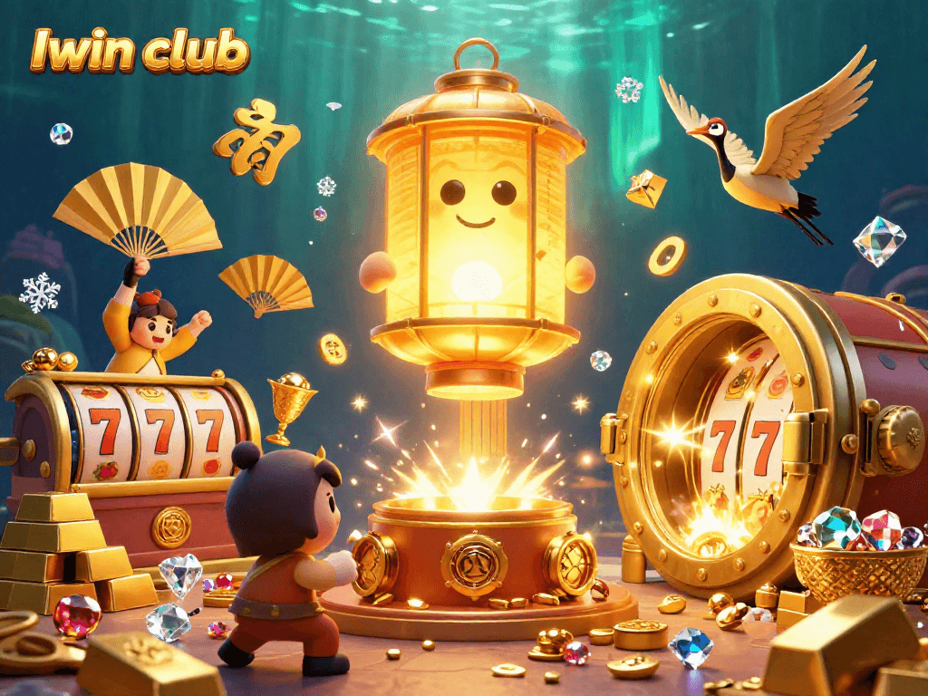 Iwin club promotes immersive gaming with a golden lantern spirit, lucky symbols, and dynamic casino elements.