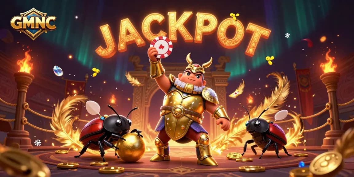 Win big with GMNC: a victorious hercules beetle in a vibrant casino scene.