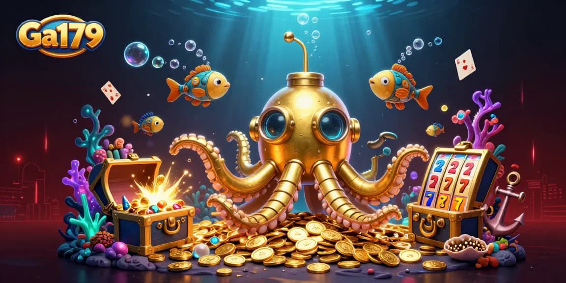 Engage in thrilling gameplay at Ga179 with 3D kraken submarine and vibrant slot reels.