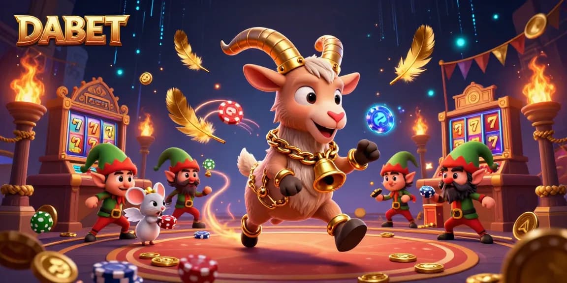 DABET casino scene with Krampus goat, angel mouse, and elf gremlins amid slot games and dynamic effects.
