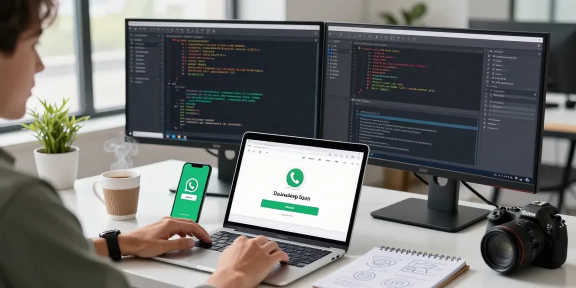 WhatsApp下載 on a laptop in a modern tech workspace with dual monitors and coding scripts.
