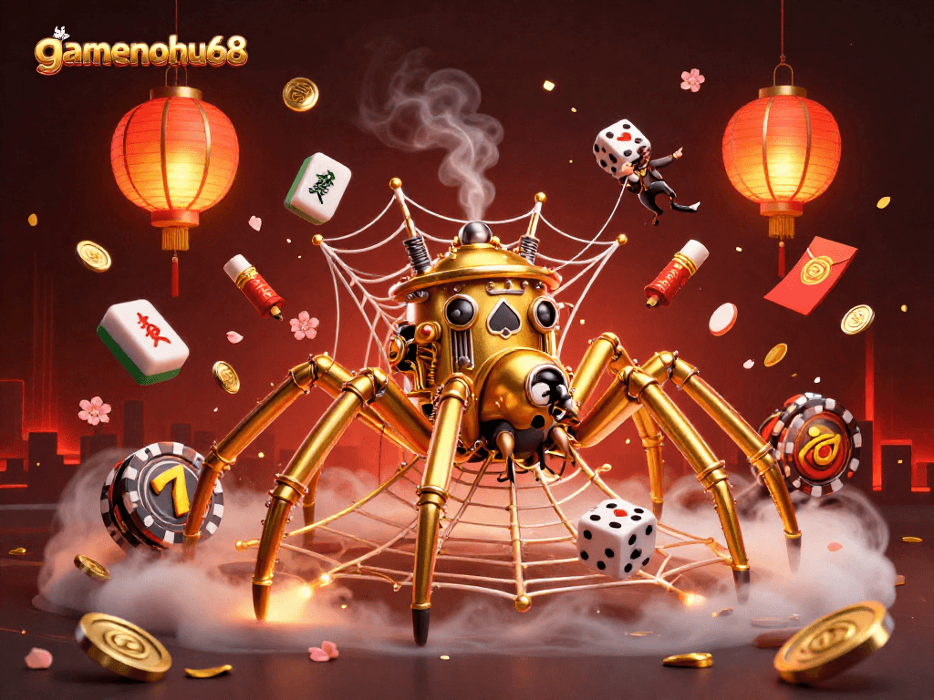 Experience the thrill of gamenohu68 with a golden steampunk spider weaving luck in this vibrant casino scene.