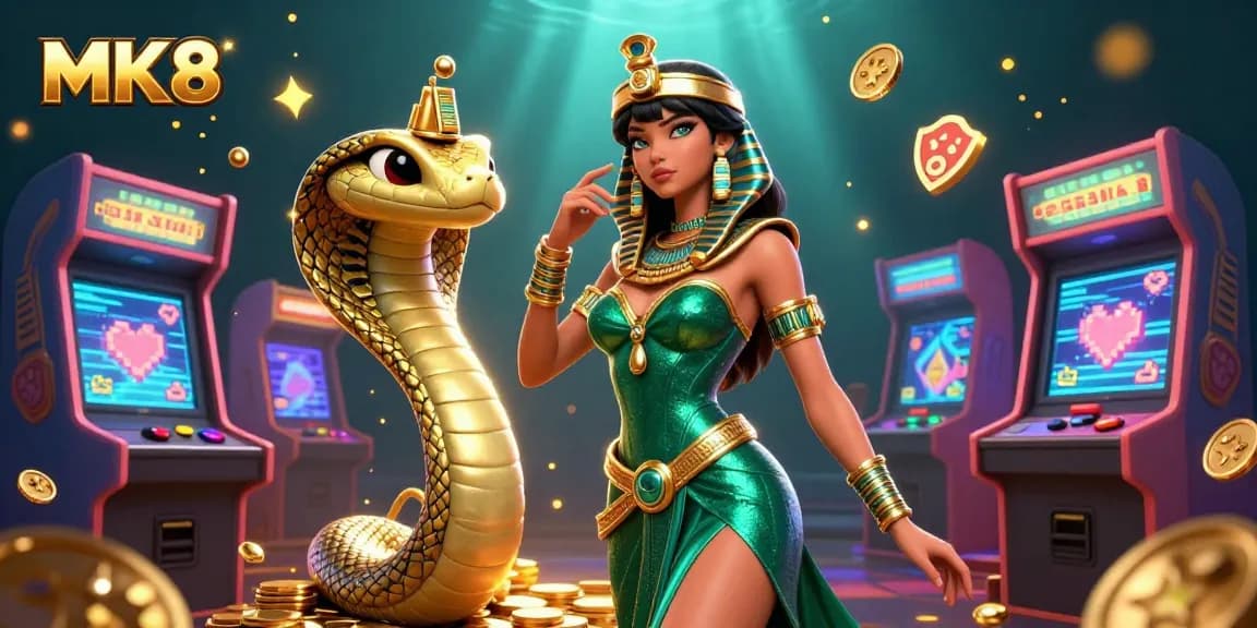 Engage with MK8's vibrant casino adventure featuring 3D characters amidst glowing arcade machines.