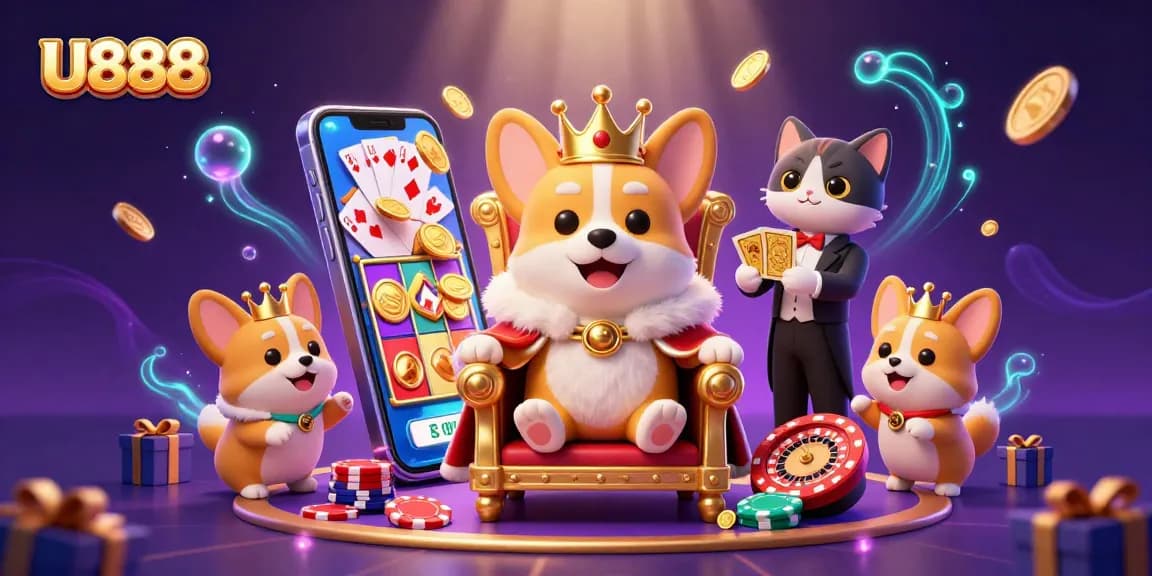 Win exciting rewards at U888 with vibrant gaming characters amidst dynamic casino elements.