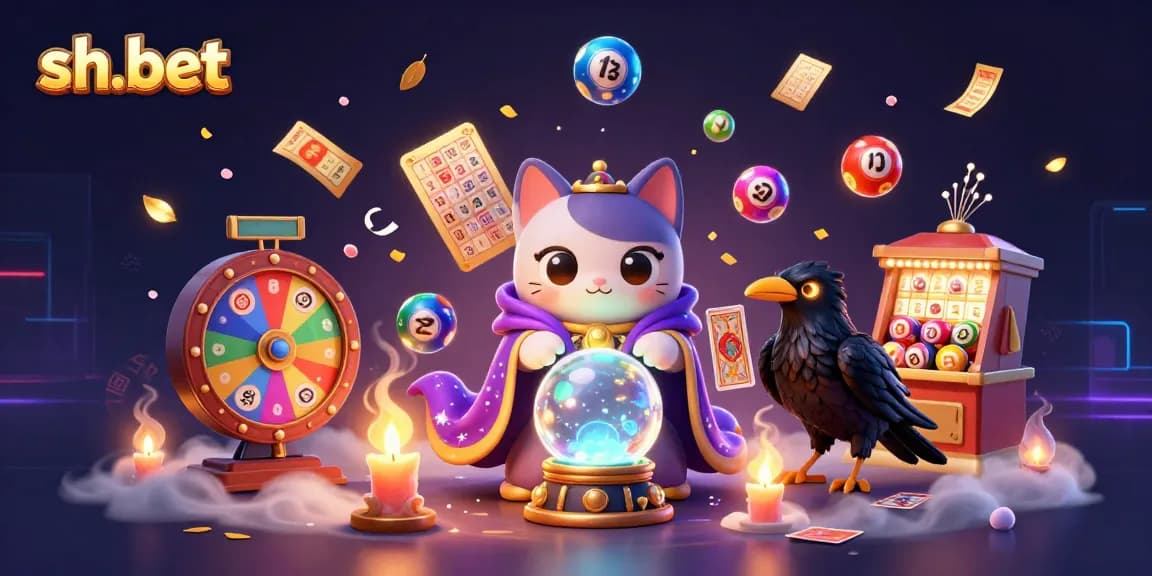 Engage with the vivid world of sh-bet, featuring magical characters surrounded by colorful lottery elements and dynamic casino symbols.