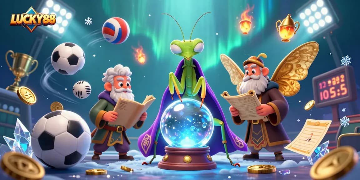 Experience LUCKY88's fortune with a mystical scene featuring a praying mantis fortune teller and interactive game elements.