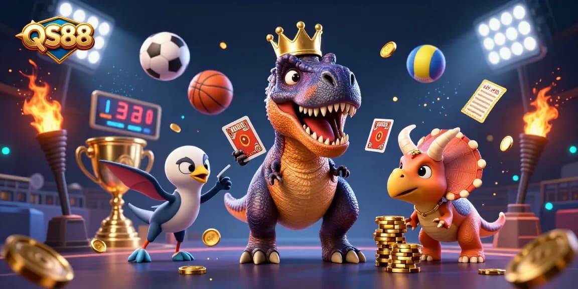 Experience the captivating QS88 gameplay with a T-Rex shuffling cards while friends assist in this vibrant casino scene.