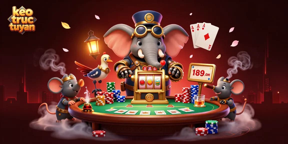 Engage with keo truc tuyen at a vibrant casino scene featuring an elephant engineer operating a slot machine.