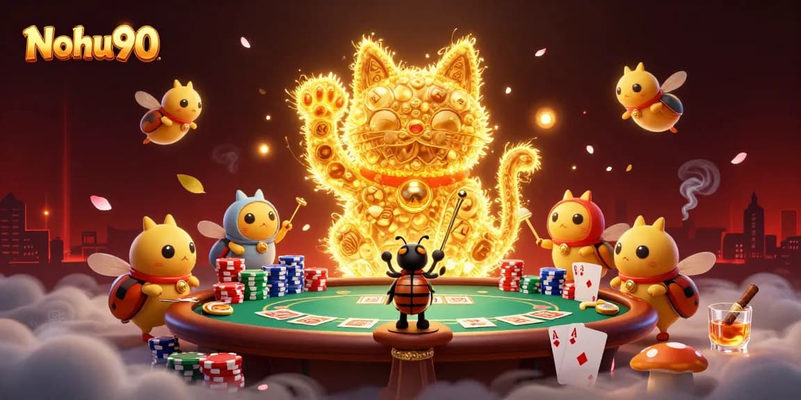 Nohu90 slots come to life with vibrant casino elements and lucky charms in a dynamic, colorful scene.