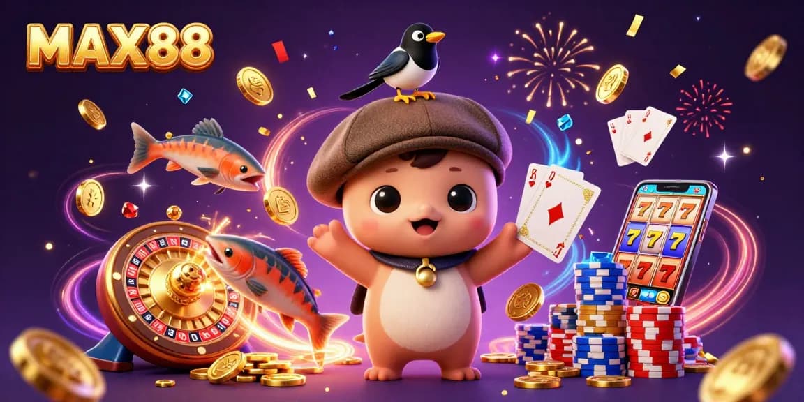 Engage with MAX88's thrilling casino action featuring cartoon baby Nessie and vibrant gaming elements.