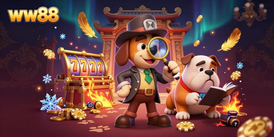 Experience thrilling moments at ww88 with a detective and bulldog discovering treasures in a vibrant casino setting.