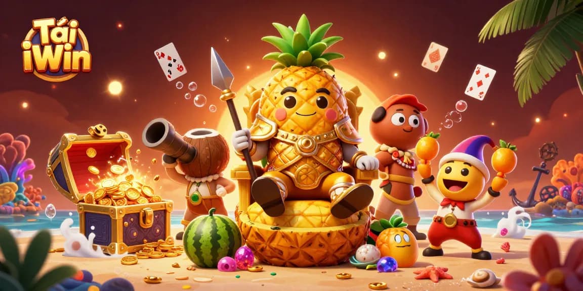 Tải iWin and join the fun with a golden pineapple king in a vibrant casino scene featuring lots of games.