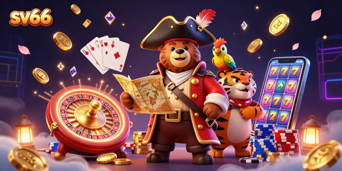 Experience thrilling gameplay at sv66 with vibrant scenes of a pirate captain bear, tiger, and parrot amidst casino excitement.