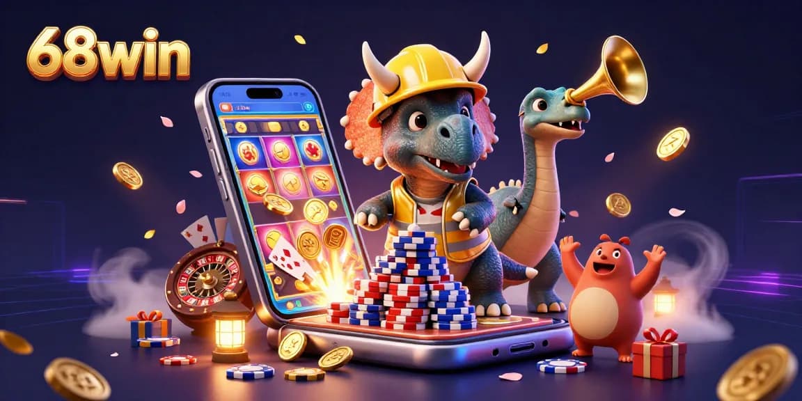 68win brings excitement with a lively scene of dinosaurs gambling amid vibrant casino elements.