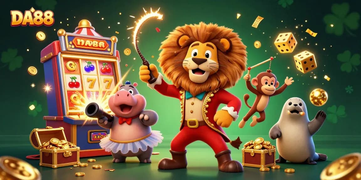 Experience the thrill of DA88 with exciting casino elements and characters in a dynamic 3D illustration.