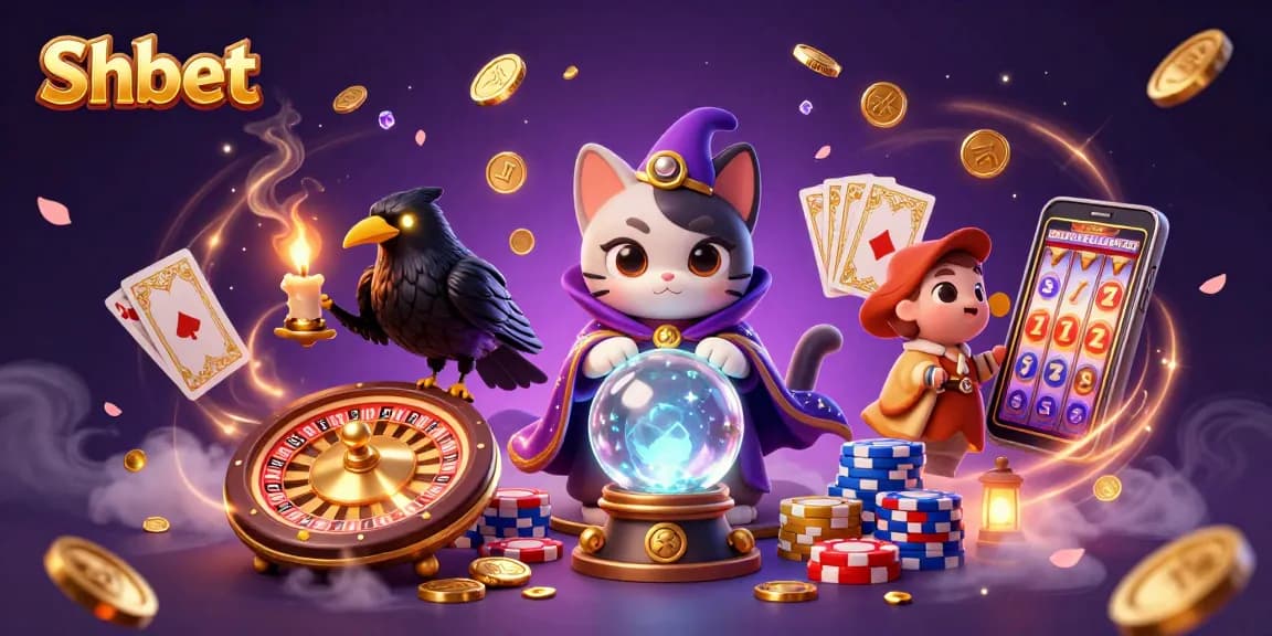 Shbet fortune teller mystic cat and tarot raven ensconced in dynamic casino elements of games and luck.