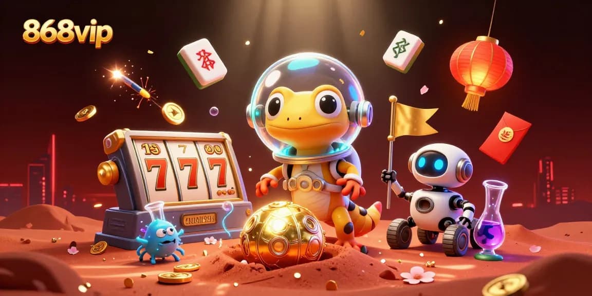 Experience the excitement of 868vip at a golden casino on Mars with captivating slot reels and vibrant elements.