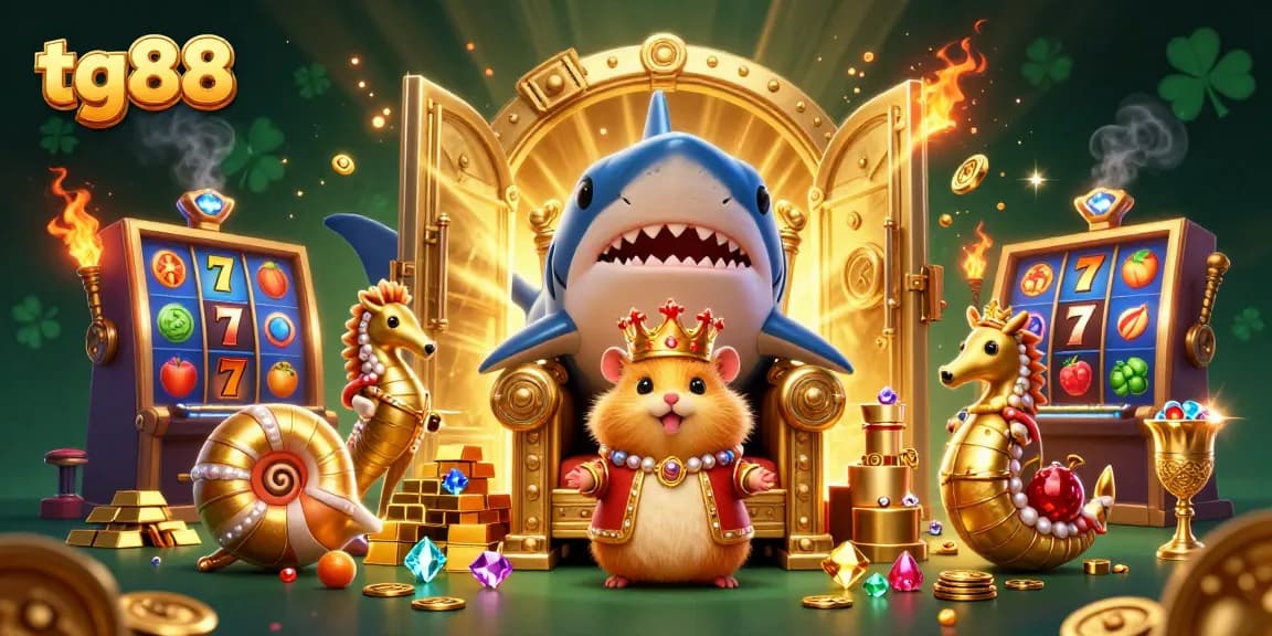 Win big at tg88 with a tiny golden hamster king among treasures in this vibrant casino scene.