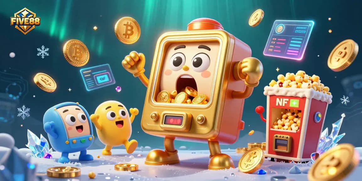 FIVE88 slot machine hitting a jackpot with cheering smaller machines and crypto coins floating.