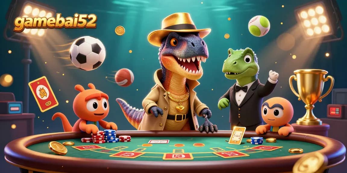gamebai52 showcases a velociraptor card counter at a thrilling blackjack table, blending dynamic sports elements.