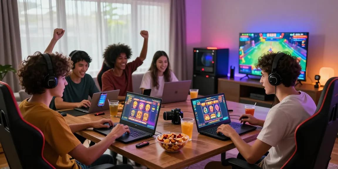 Friends enjoying a lively slot gacor gaming session in a cozy living room with modern gaming accessories.
