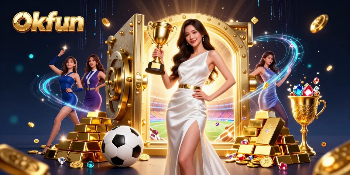 okfun showcases thrilling sports betting elements with a victorious scene featuring golden treasures.